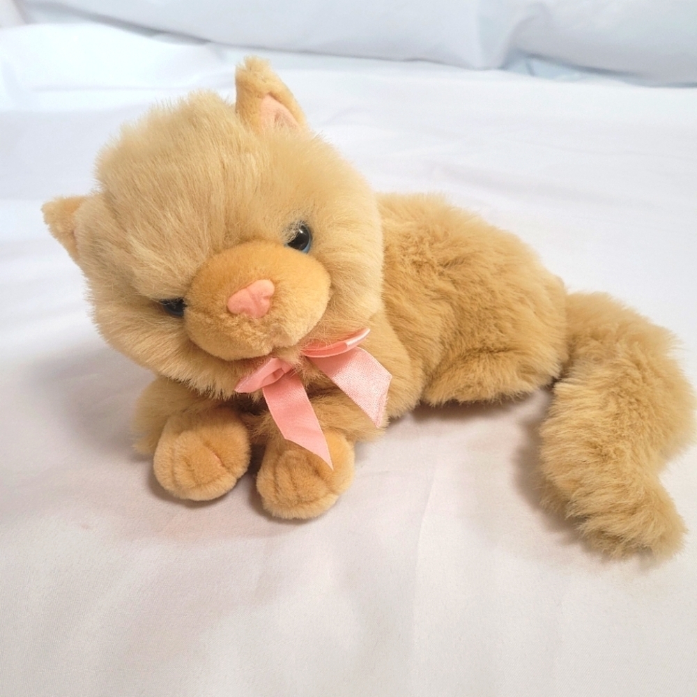 TB Trading Co Tan Plush Cat Kitten Laying 12" Pink Bow Blue Eyes